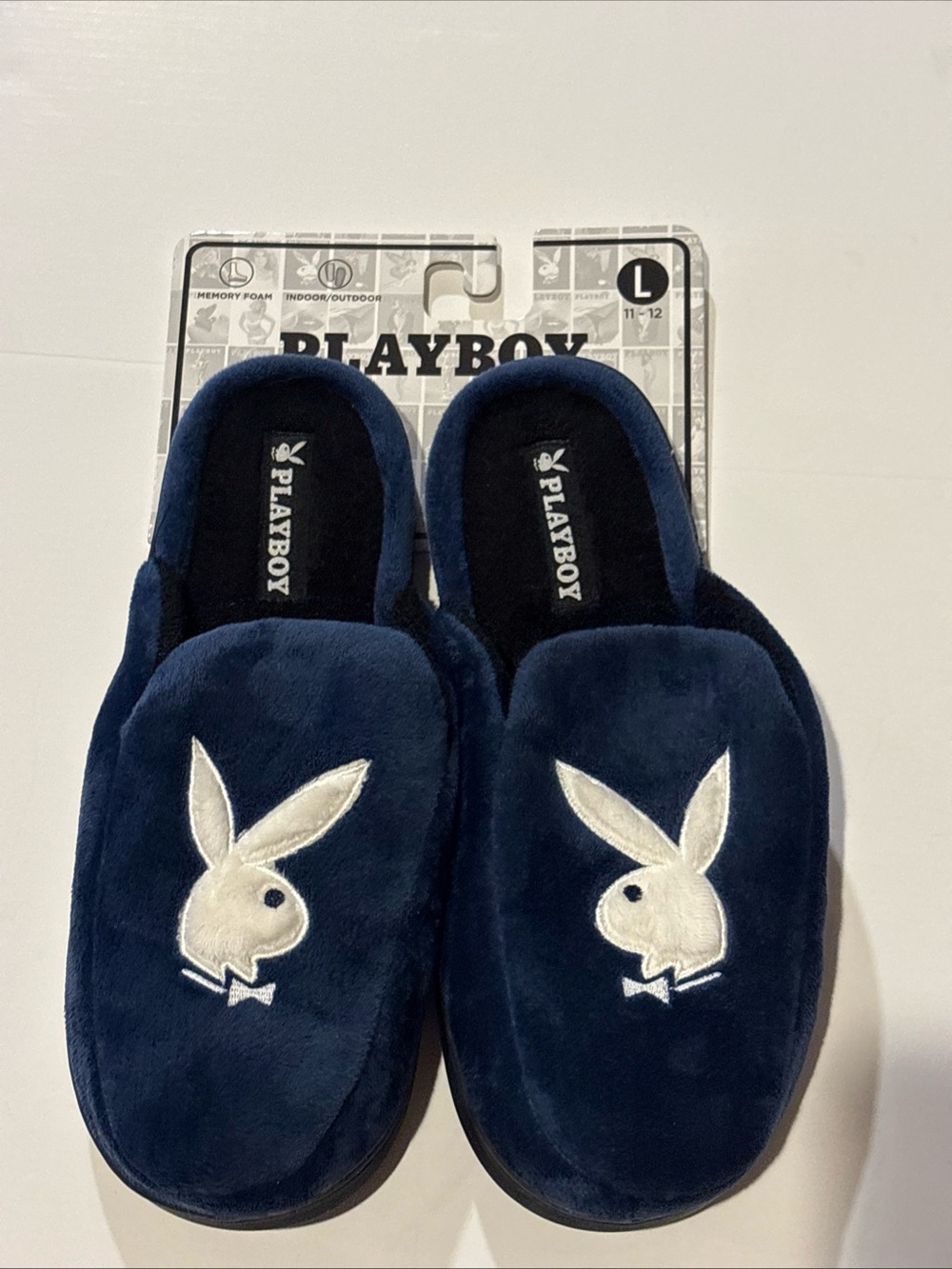 Playboy Bunny Memory Foam Slippers Navy Blue Indoor Outdoor Men Size L 11-12 NEW